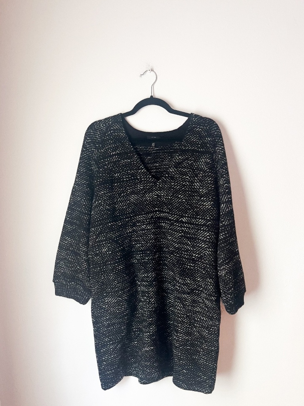 Lucky Brand Black Chevron Knit Sweater Dress Tunic Large Long Sleeve Cozy Boho